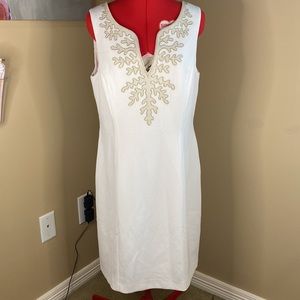 Cappagallo white dress with gold coral stitching